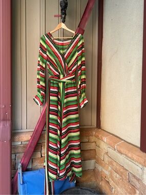 Gracia Striped Wrap Maxi Dress in Green, Red, Black & Cream